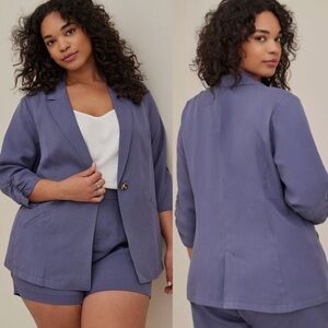Torrid Blue Lyocell Linen 3/4 Ruched Sleeve Blazer Jacket Plus Size 4X NWT